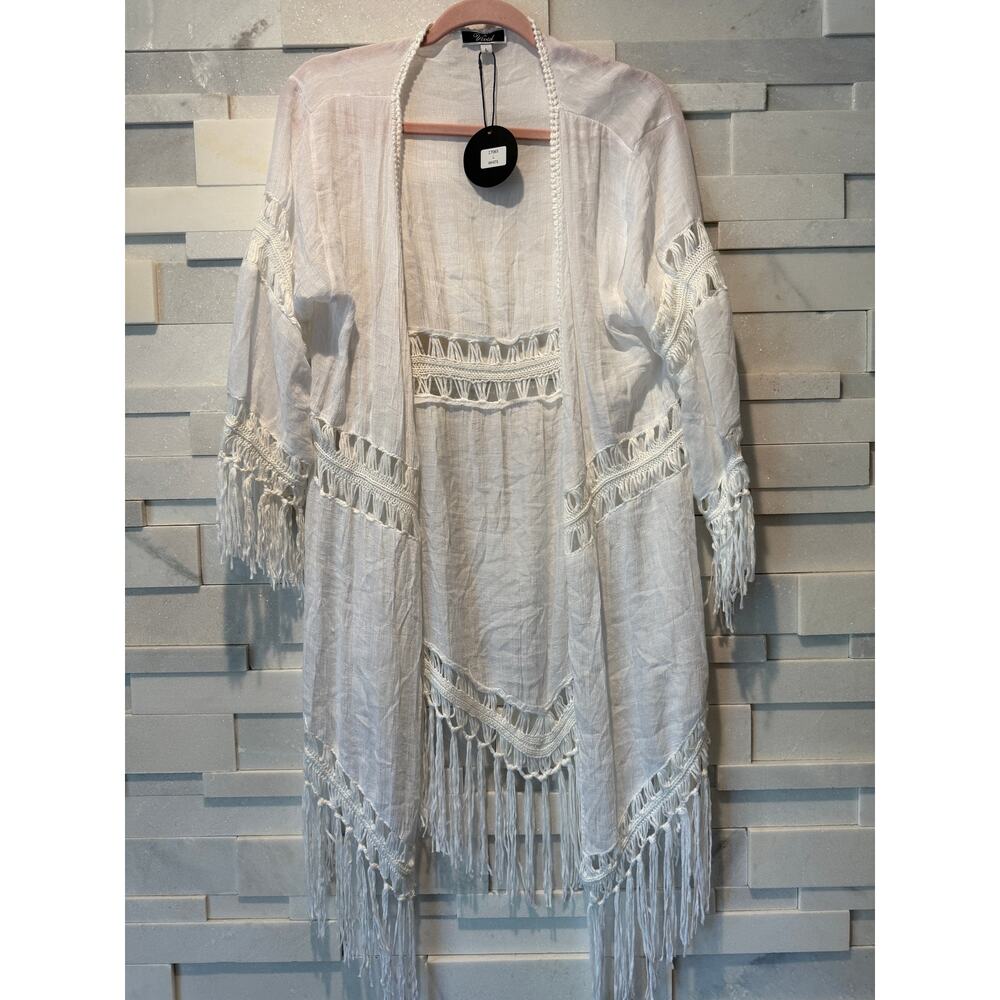 VIVID NWT Artsy Boho Long Sleeve Assymetrical Hem Fringed Kimono Crochet Trim  L